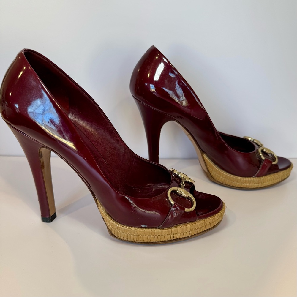 Gucci Burgundy Patent Leather Sandal W Bamboo Platform & Horsebit Accent Sz 8.5 - Picture 6 of 15